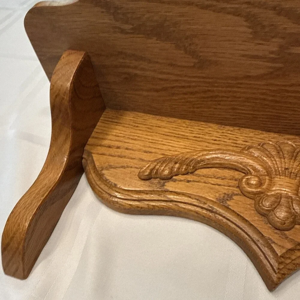 Vintage Solid Oak Hanging Wall Shelf Carved Floral Scroll Appliqué 16” Farmhouse